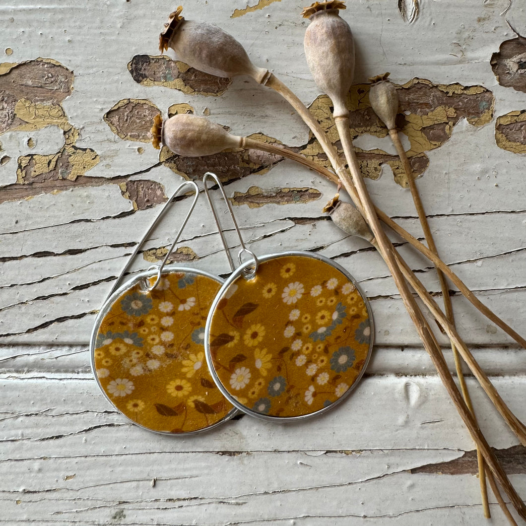 Recycled Coffee Pod & Takeaway Coffee Cup Mustard Flowers Earrings